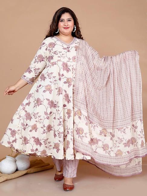miravan off white & pink floral print kurta with pant & dupatta