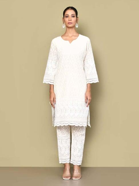 miravan off-white cotton embroidered kurta pant set