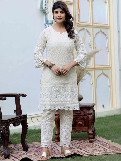 miravan off-white cotton embroidered kurta pant set