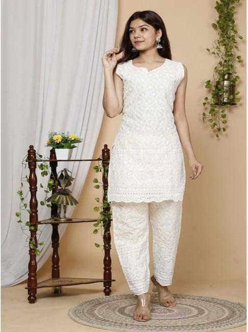 miravan off-white cotton embroidered straight kurti