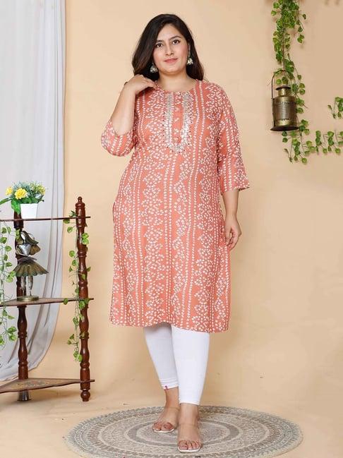 miravan peach bandhani print plus size a line kurta