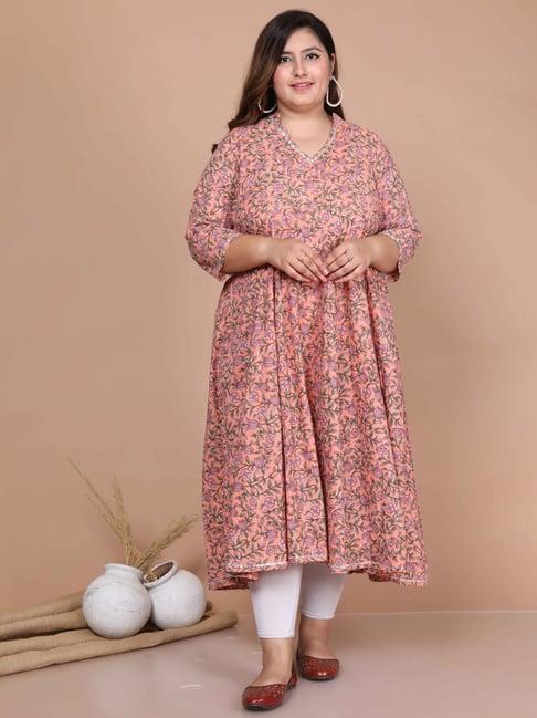 miravan peach cotton floral print anarkali kurta