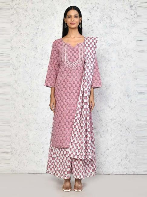 miravan pink & white cotton printed kurta palazzo set with dupatta