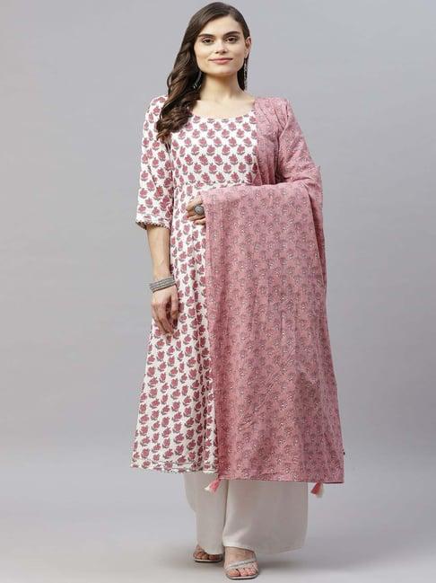 miravan pink & white cotton printed kurta with dupatta