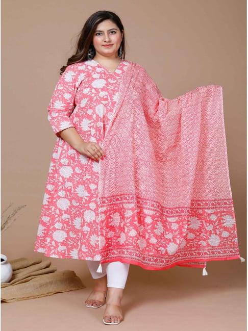 miravan pink & white cotton printed kurta with dupatta