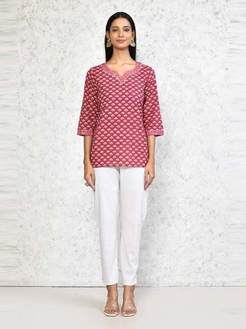 miravan pink cotton printed a line short kurti