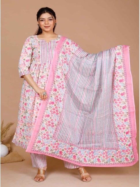 miravan pink cotton printed kurta palazzo set with dupatta