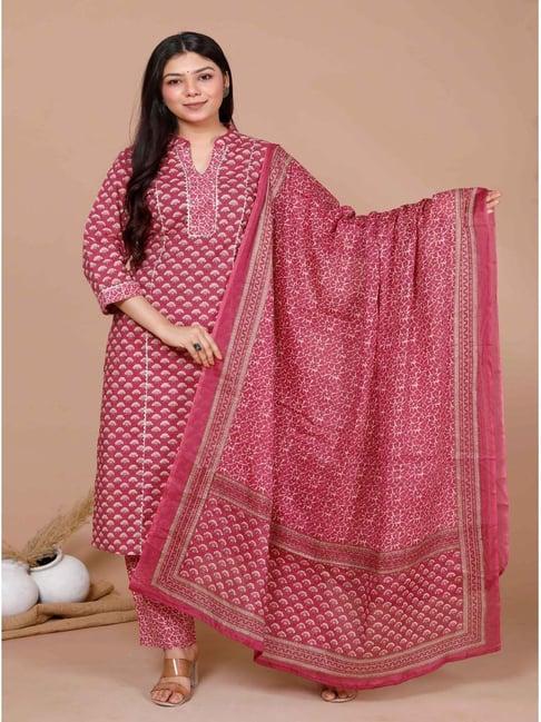 miravan pink cotton printed kurta pant set with dupatta
