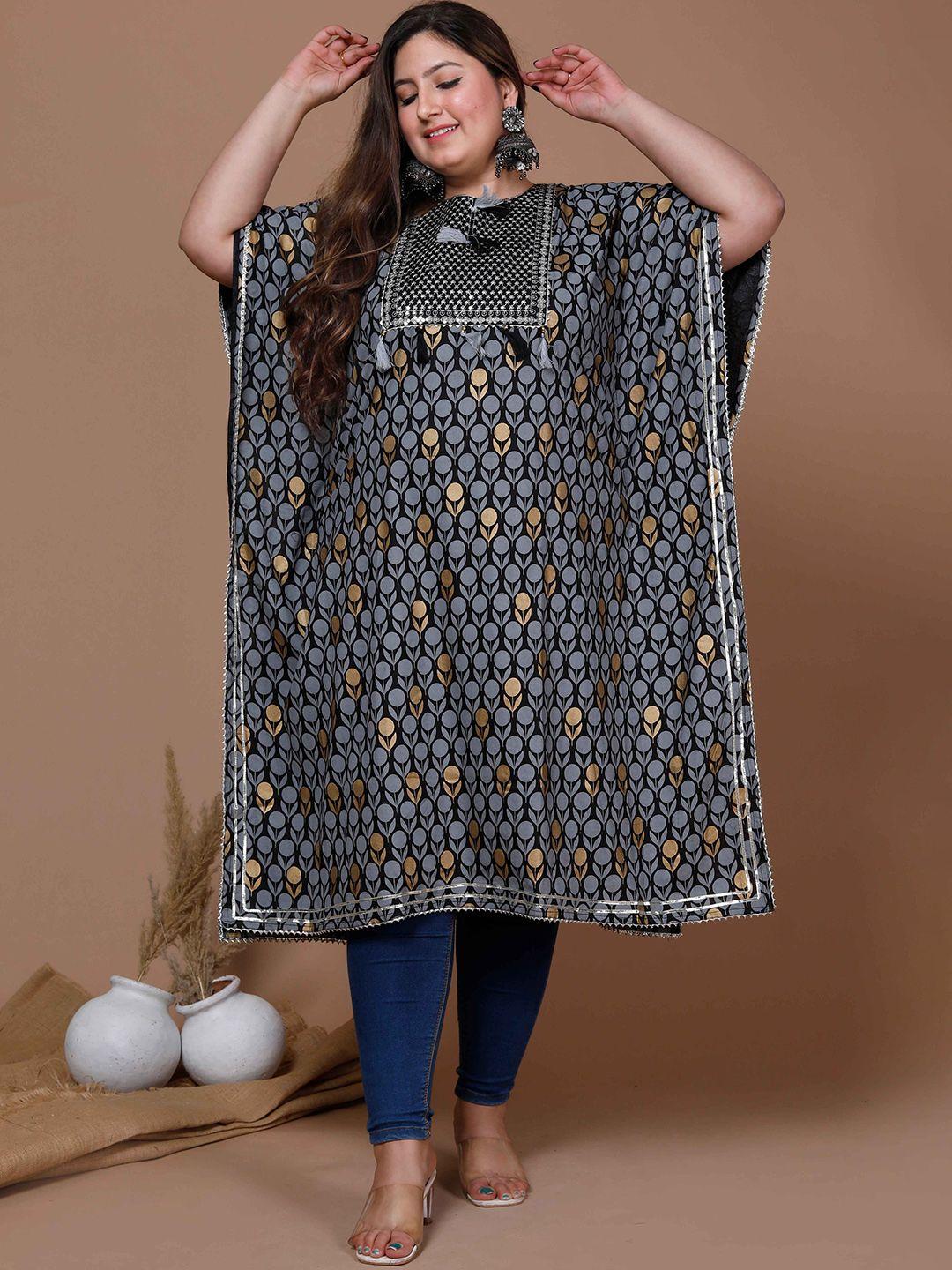 miravan plus size ethnic motifs printed sequinned extended sleeves cotton kaftan kurta