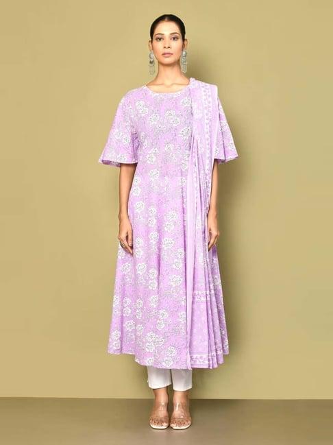 miravan purple cotton printed anarkali kurta with dupatta