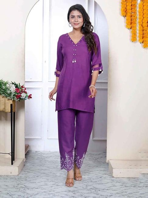 miravan purple embellished kurta & palazzo set