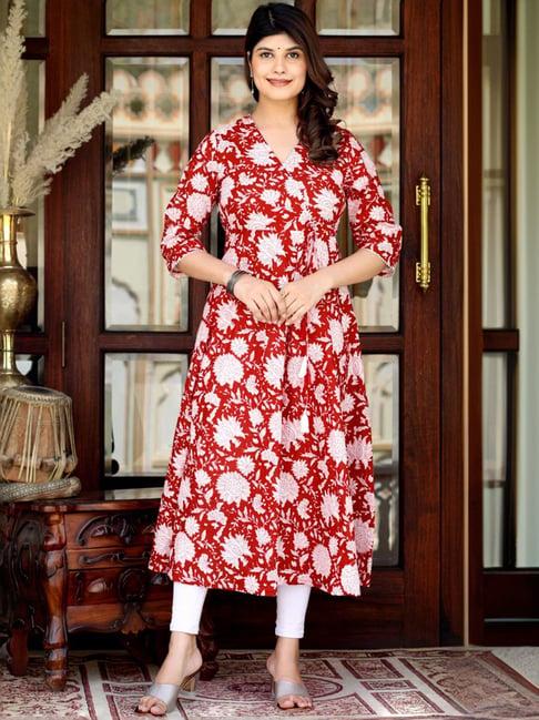 miravan red cotton angrakha floral print kurta