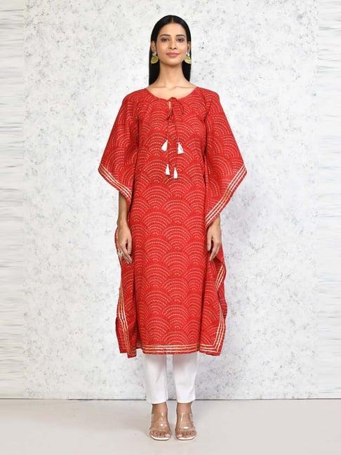 miravan red cotton printed a line kaftan