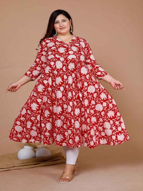 miravan red cotton printed anarkali kurta