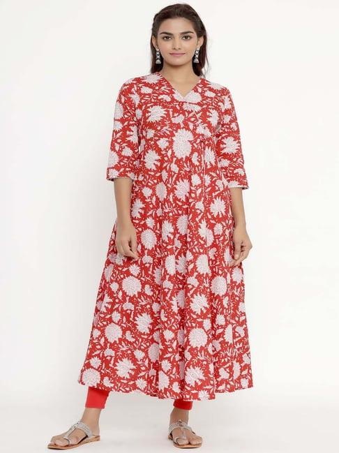 miravan red cotton printed anarkali kurta