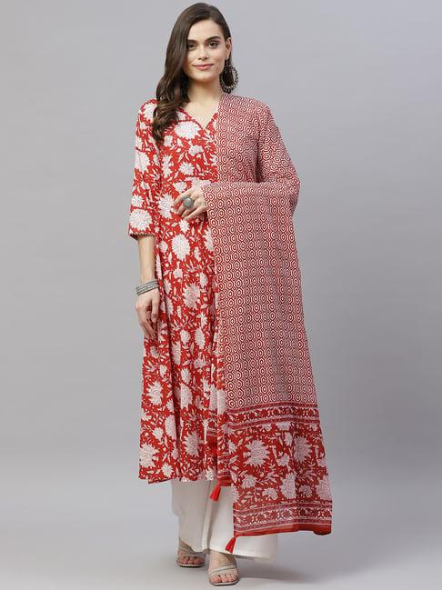 miravan red floral print anarkali kurta with dupatta