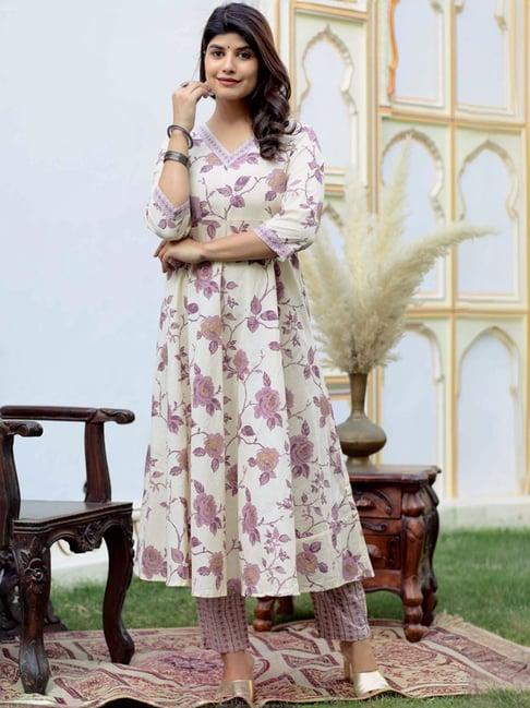 miravan white & purple cotton floral print kurta palazzo set