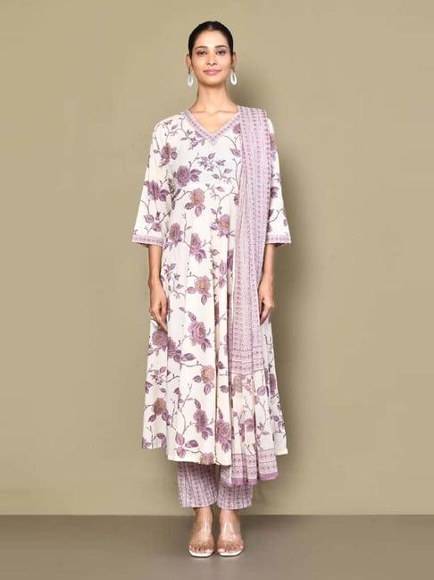 miravan white & purple cotton printed kurta pant set with dupatta