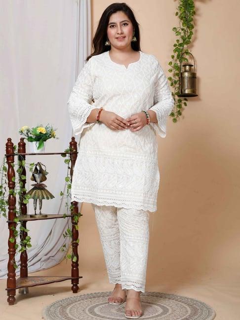 miravan white cotton embroidered kurti pant set