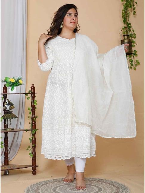 miravan white embroidered plus size anarkali kurta with dupatta