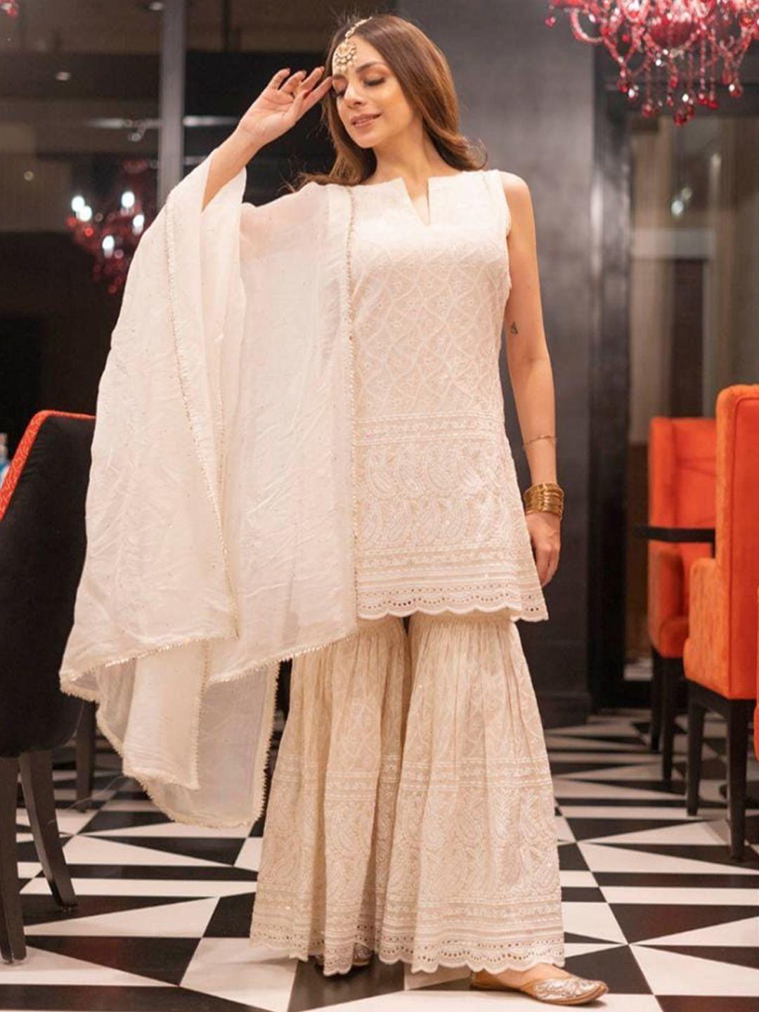 miravan women beige printed chikankari pure cotton kurta with palazzos & with dupatta