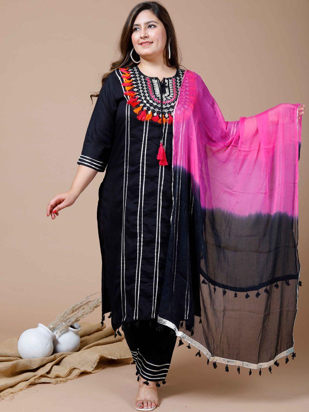 miravan women black embroidered mirror work kurta with trousers & with dupatta