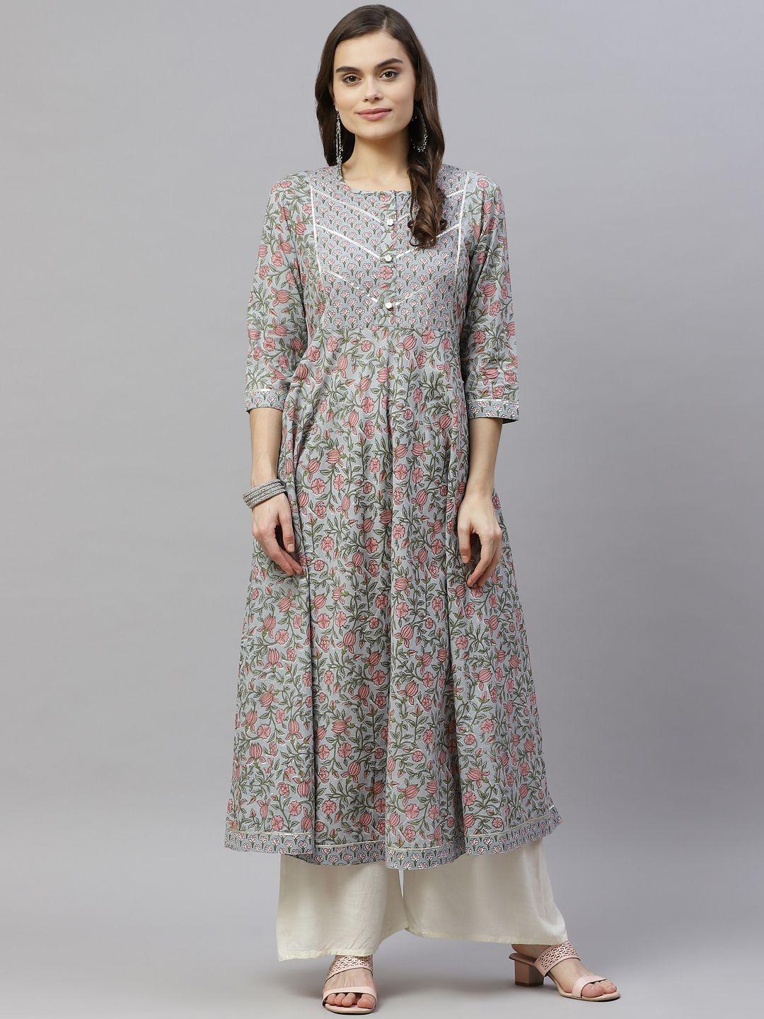 miravan women blue & pink ethnic motifs printed gotta patti anarkali kurta