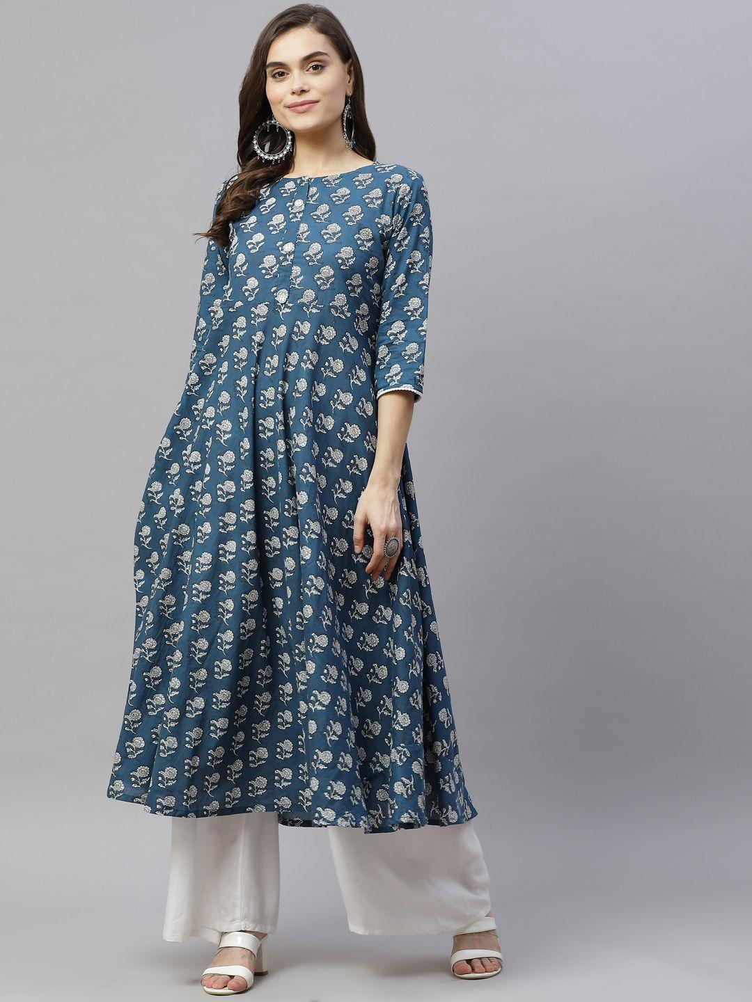 miravan women blue & white ethnic motifs printed cotton anarkali kurta