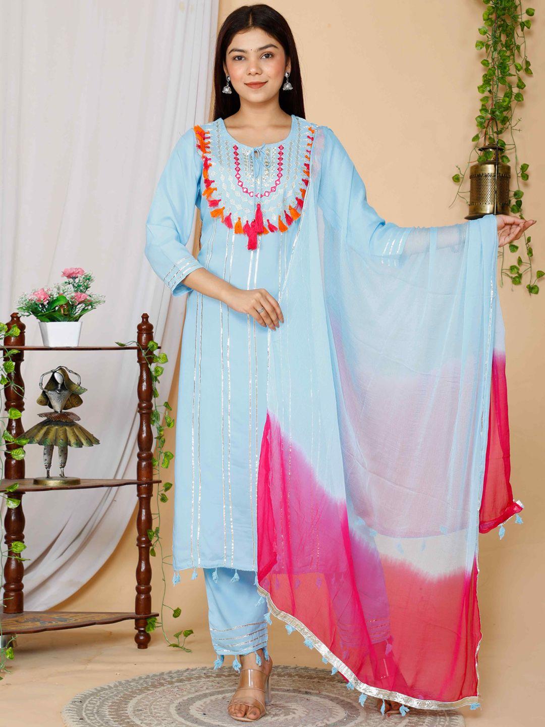 miravan women blue embroidered pure cotton kurta with trousers & with dupatta