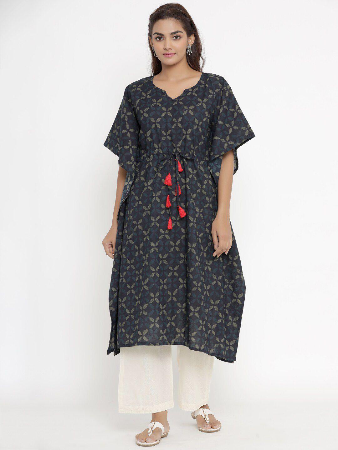 miravan women blue ethnic motifs printed flared sleeves pure cotton kaftan kurta