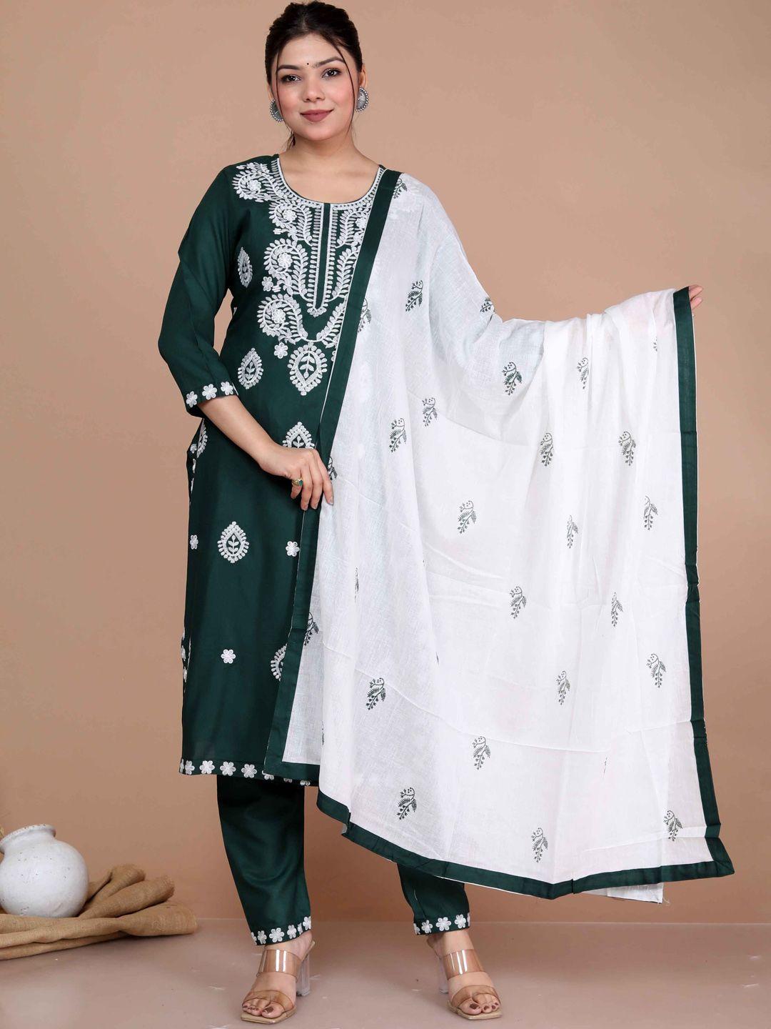 miravan women green embroidered kurta with palazzos & with dupatta