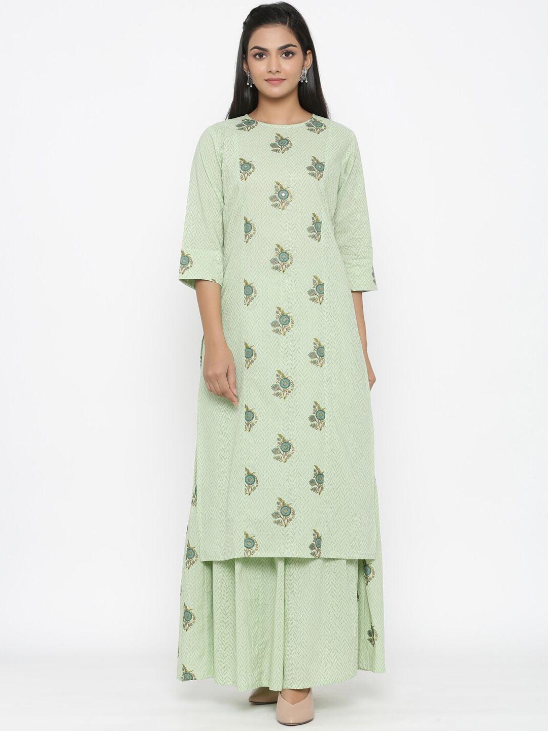 miravan women green ethnic motifs printed panelled sequinned pure cotton kurta with skirt