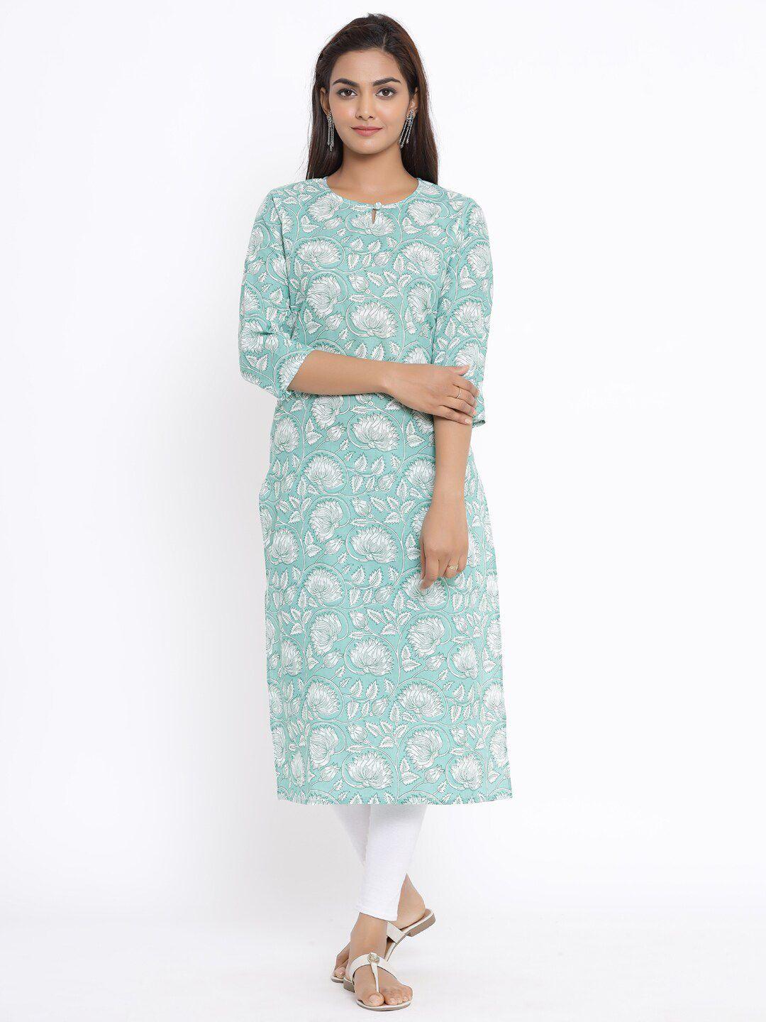 miravan women green floral printed keyhole neck pure cotton kurta