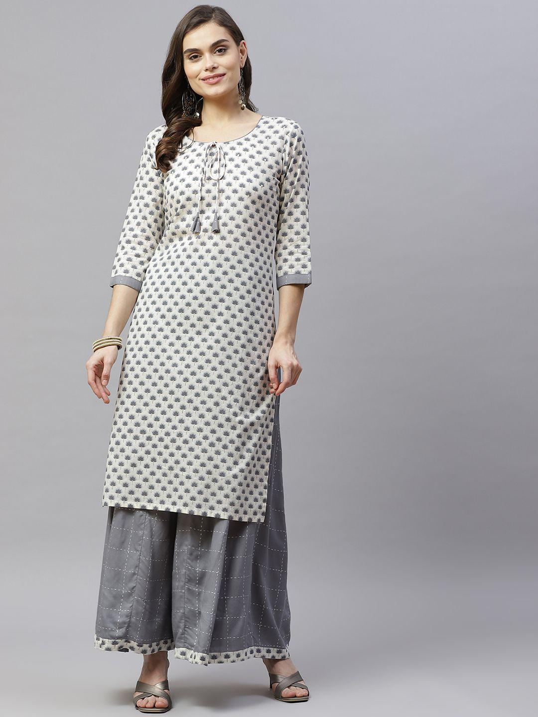 miravan women grey ethnic motifs printed pure cotton kurta with palazzos
