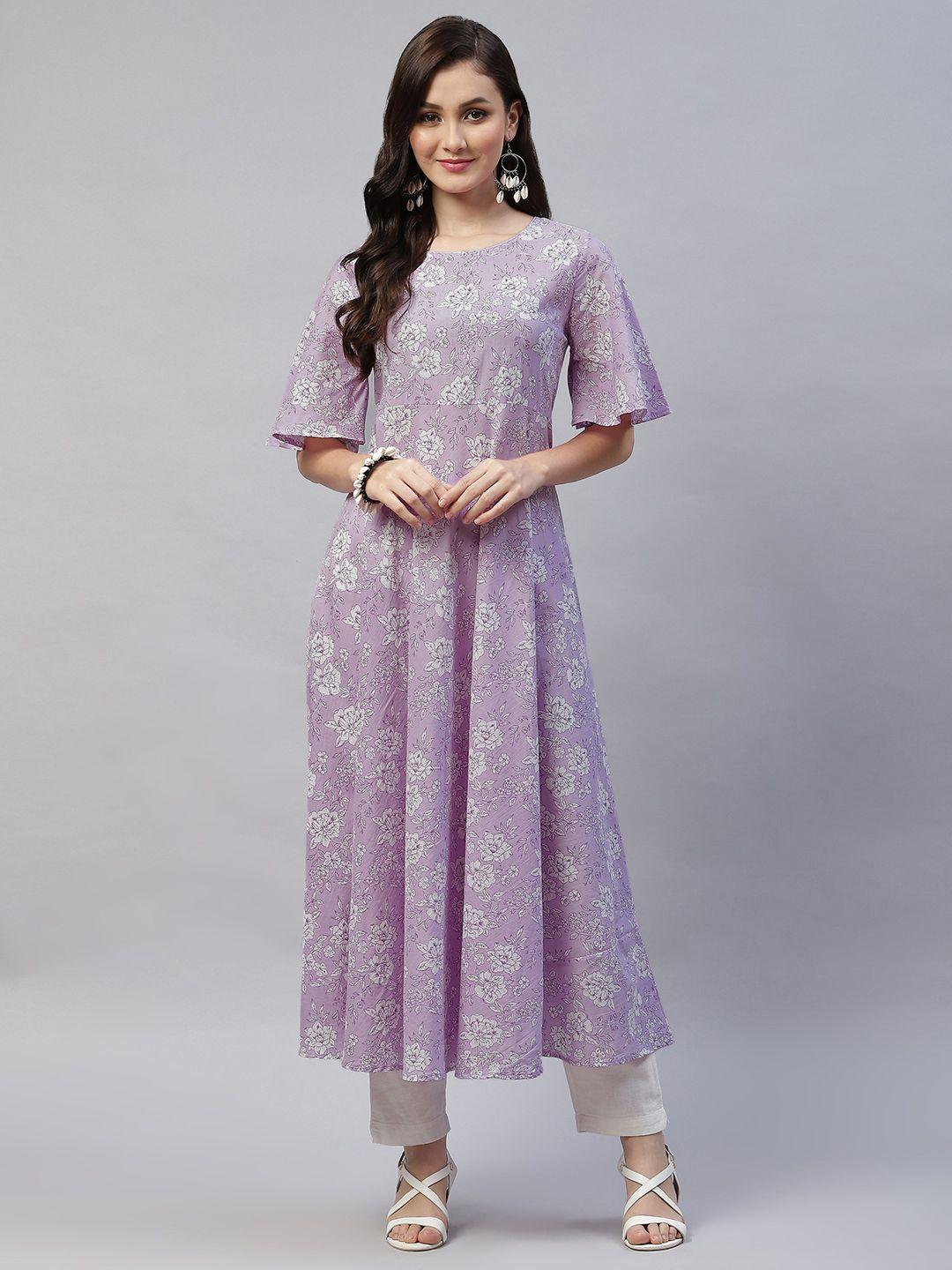 miravan women lavender floral printed flared sleeves floral anarkali kurta
