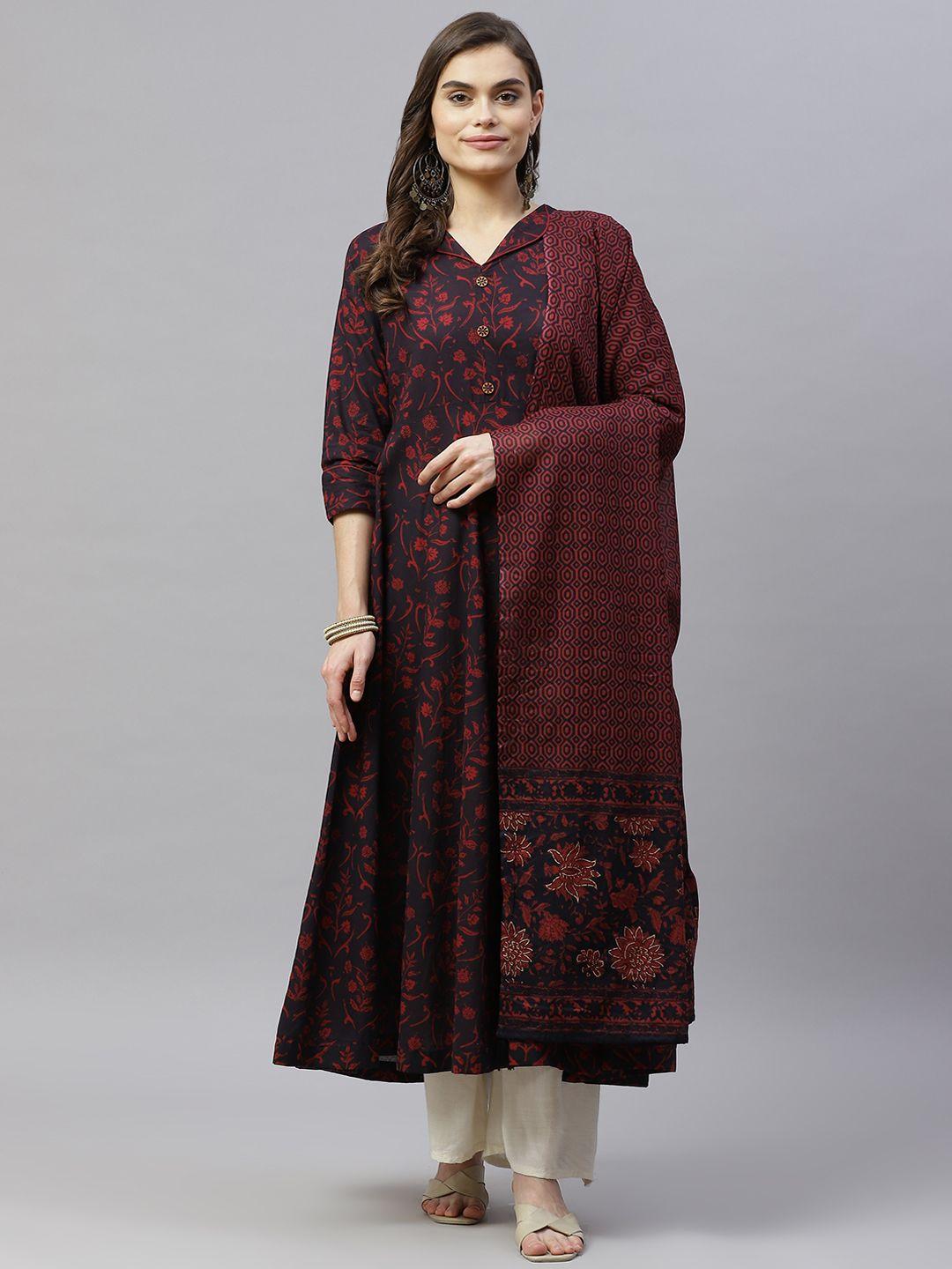 miravan women maroon & navy blue ethnic motifs printed cotton anarkali kurta & dupatta