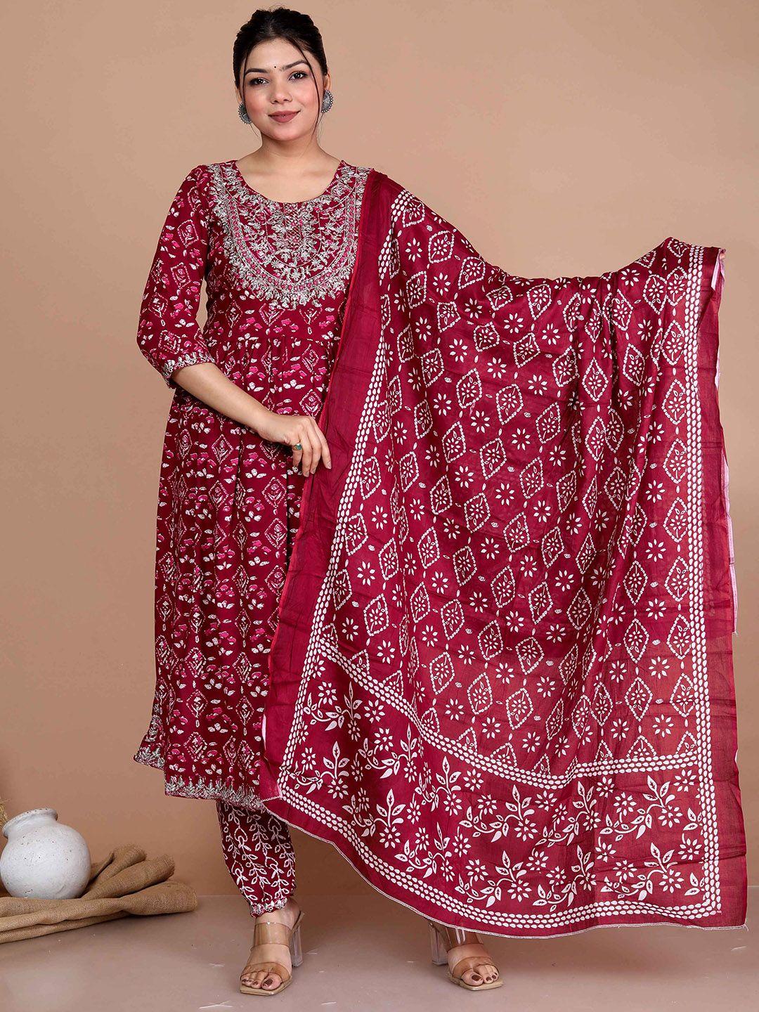 miravan women maroon floral embroidered pure cotton kurta with palazzos & with dupatta