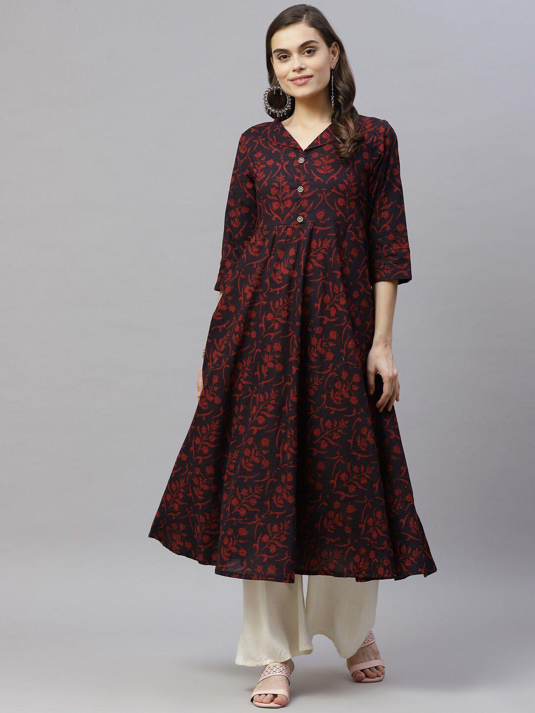 miravan women maroon floral printed anarkali kurta