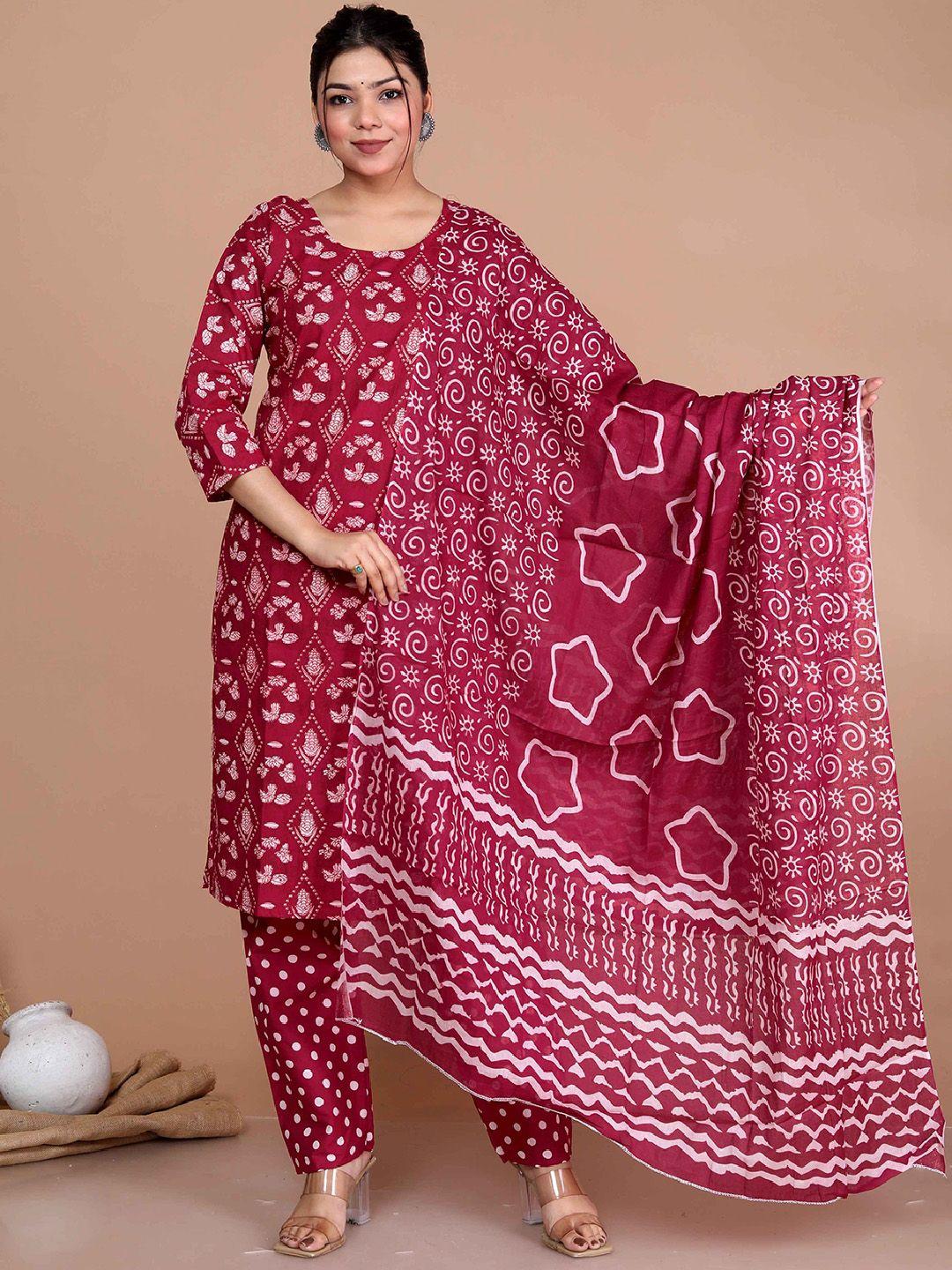 miravan women maroon floral printed pure cotton kurta with palazzos & with dupatta