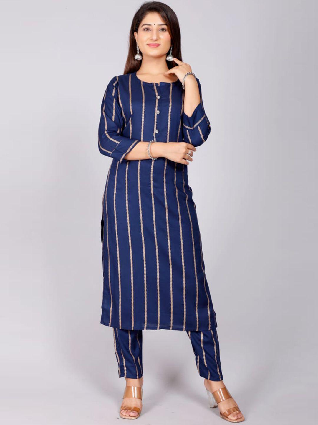 miravan women navy blue striped kurta with trousers