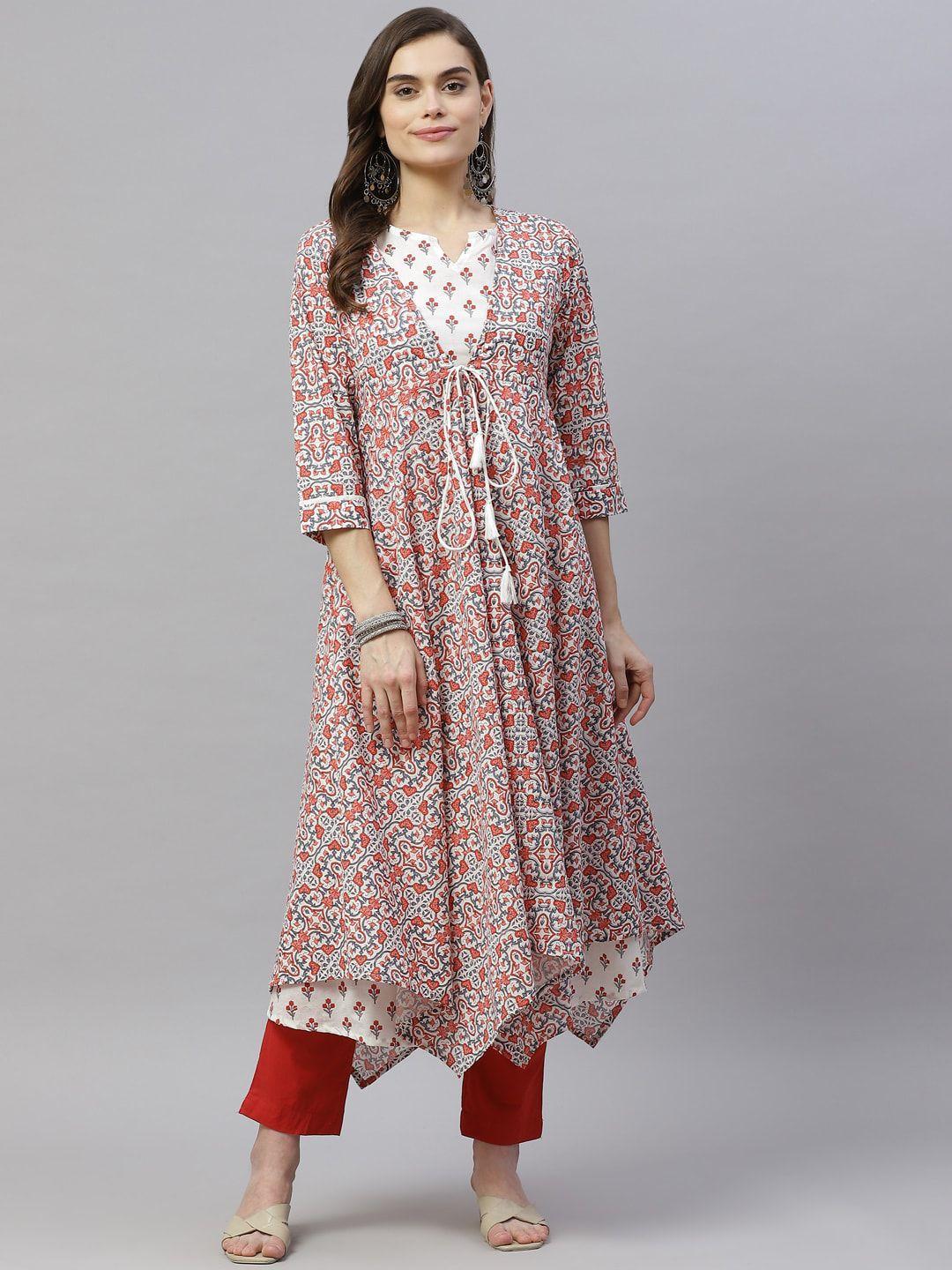 miravan women orange & white ethnic motifs printed anarkali kurta