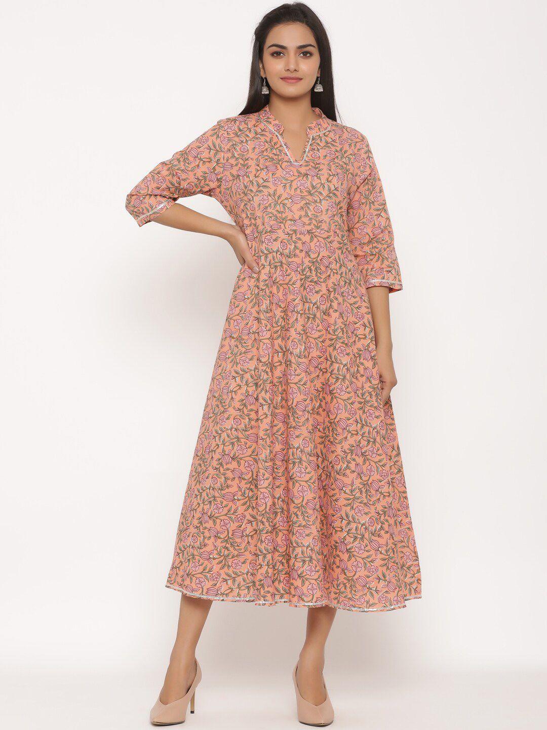 miravan women peach & green floral printed anarkali kurta