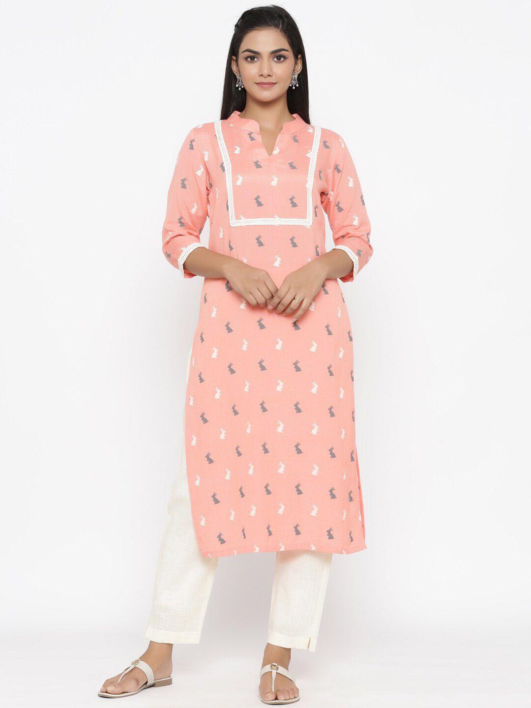 miravan women peach-coloured & grey printed kurta