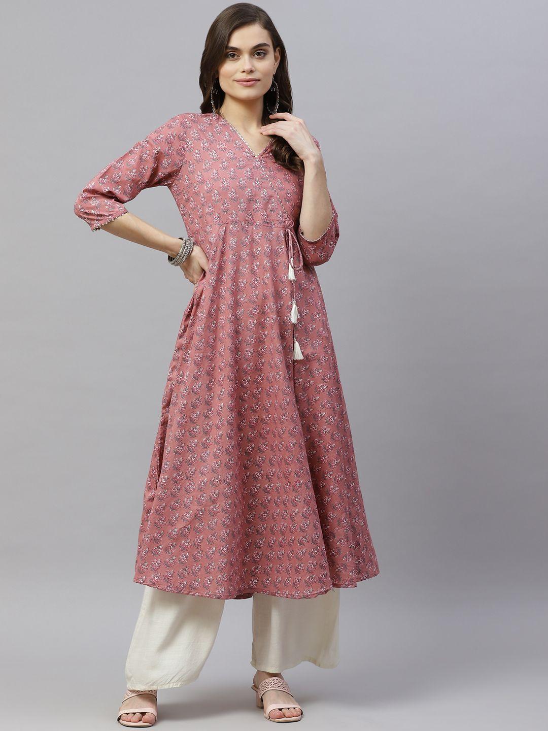 miravan women pink ethnic motifs printed gotta patti cotton anarkali kurta