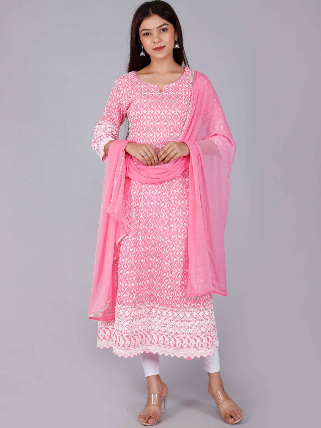 miravan women pink floral embroidered chikankari kurta with dupatta
