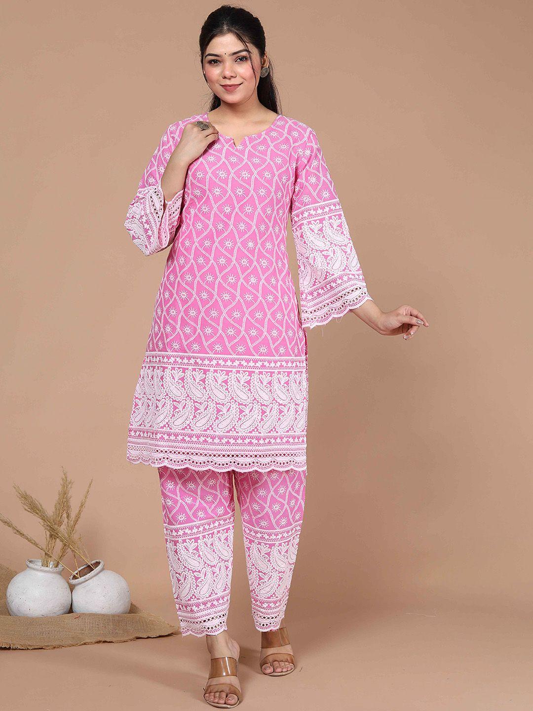 miravan women pink floral embroidered regular chikankari pure cotton kurta with palazzos