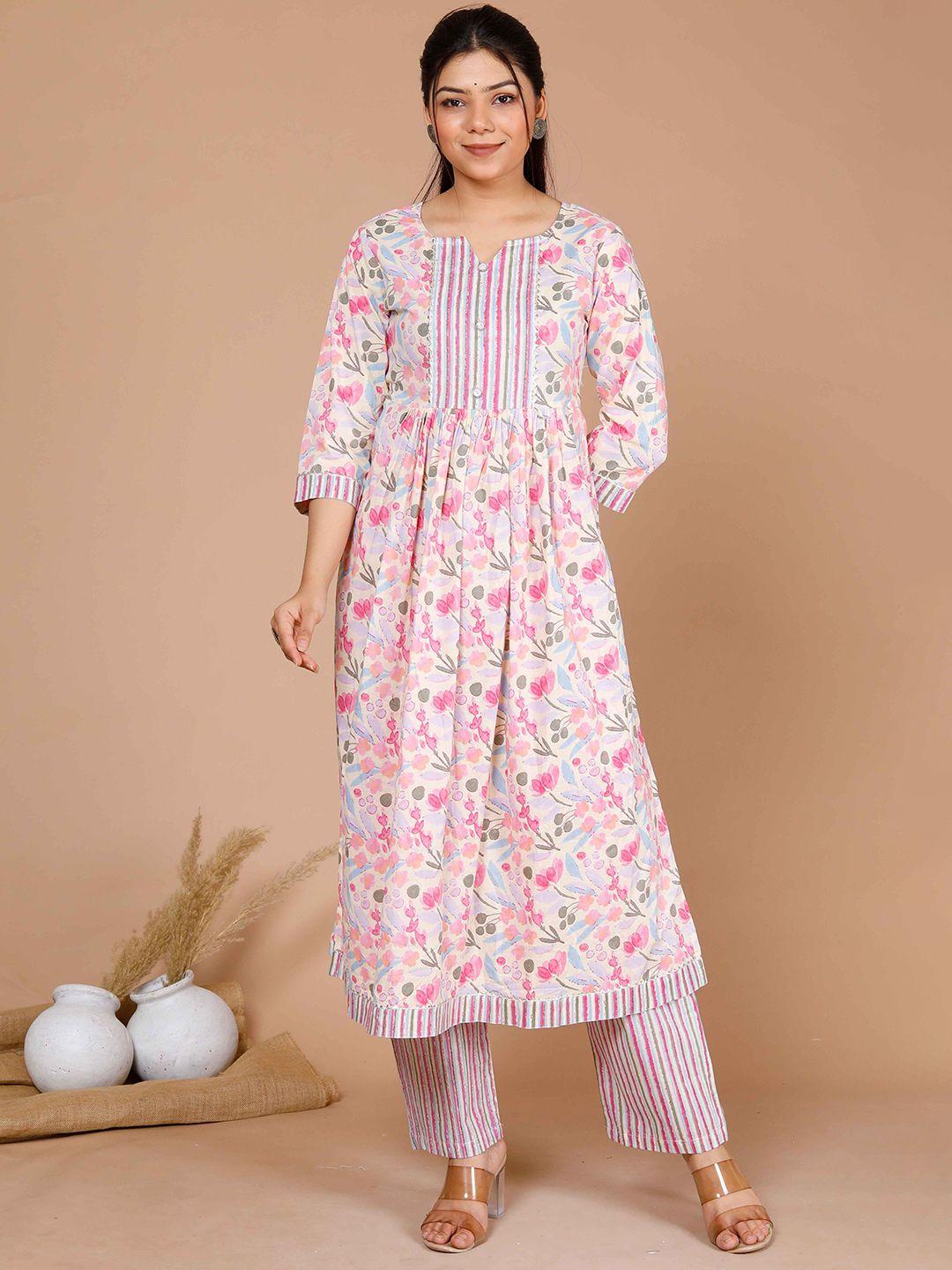 miravan women pink floral printed regular gotta patti pure cotton kurta with palazzos