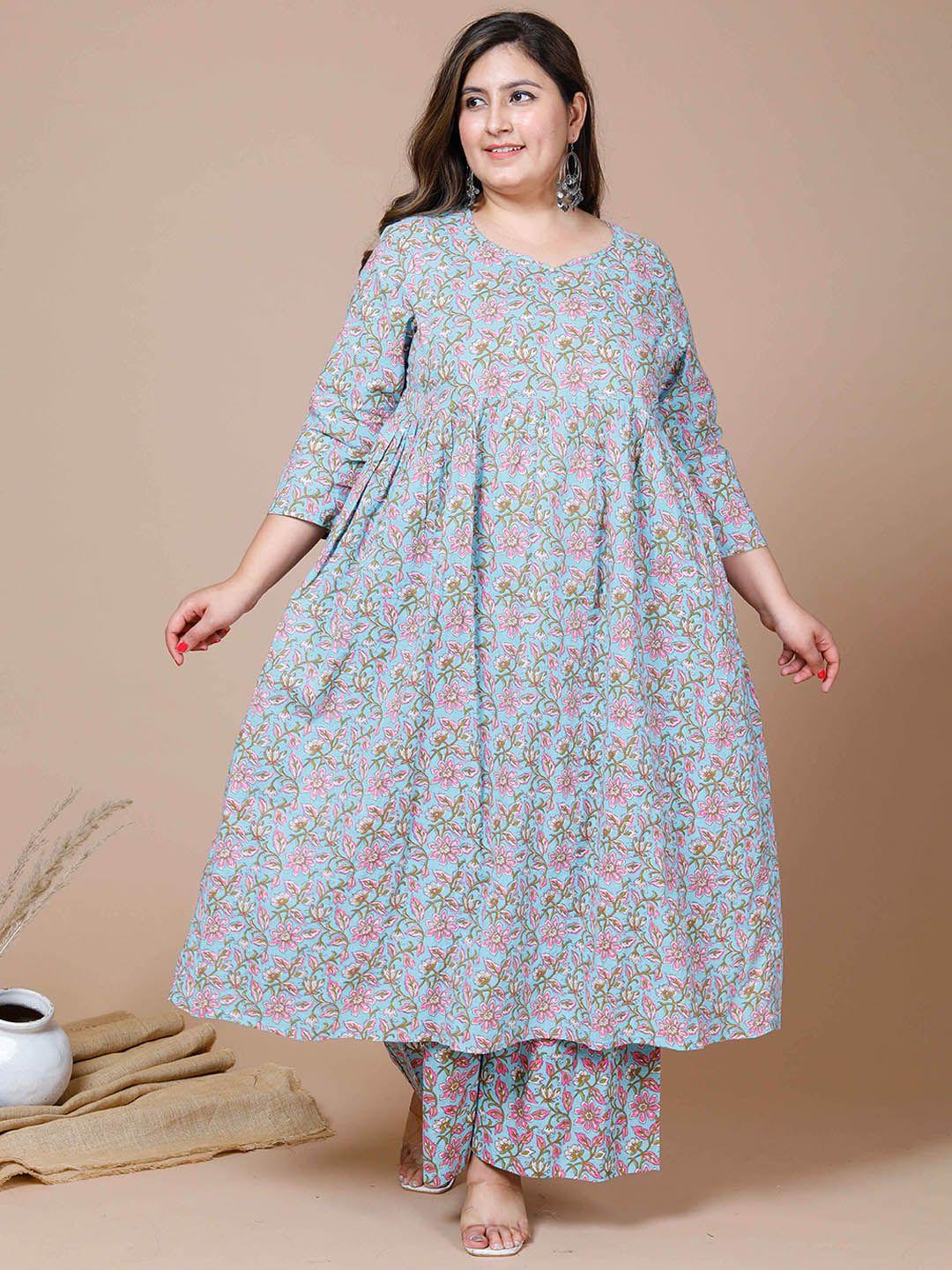 miravan women plus size floral printed pleated pure cotton kurta with sharara