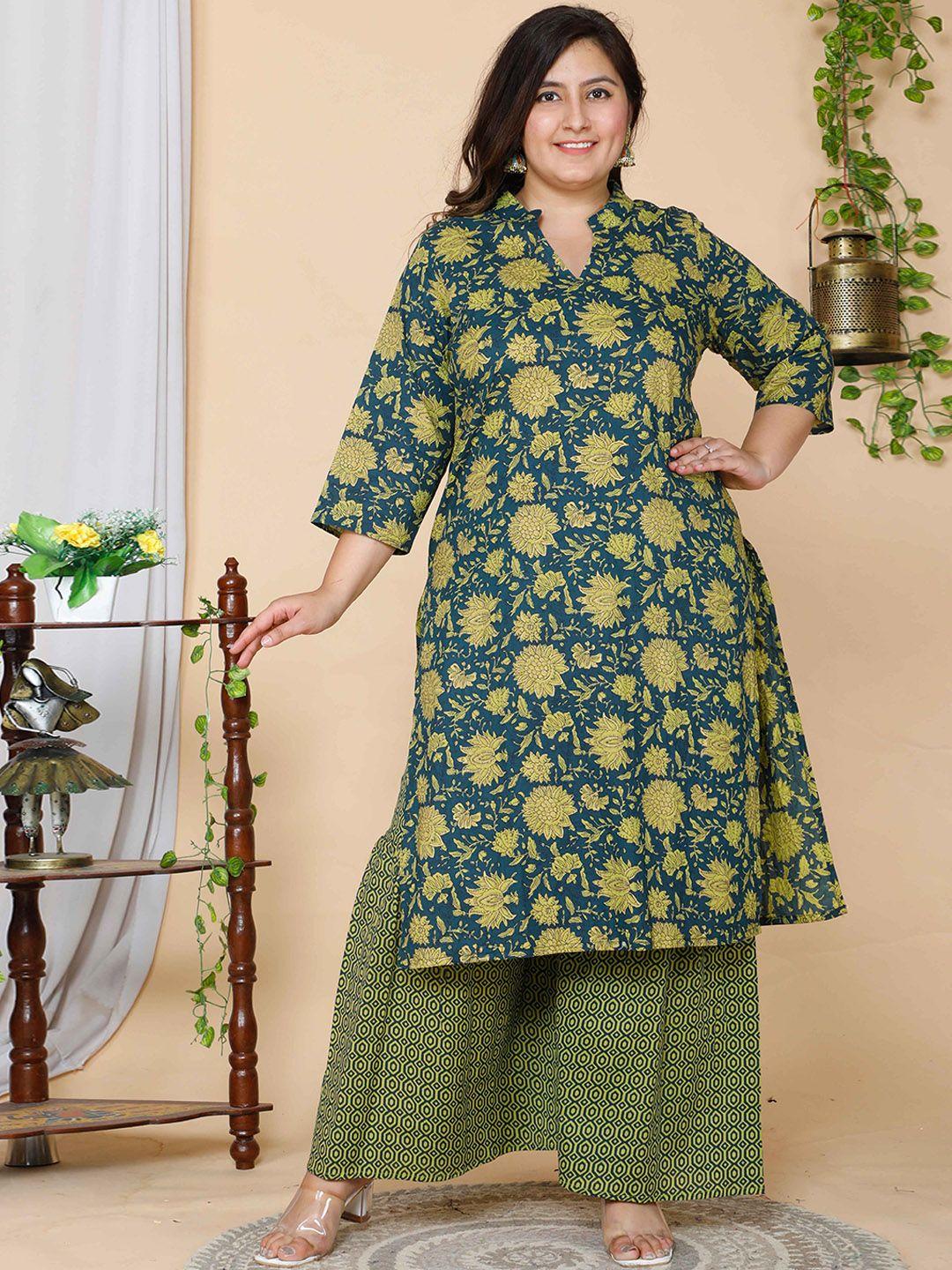 miravan women plus size green floral printed pure cotton kurta with sharara