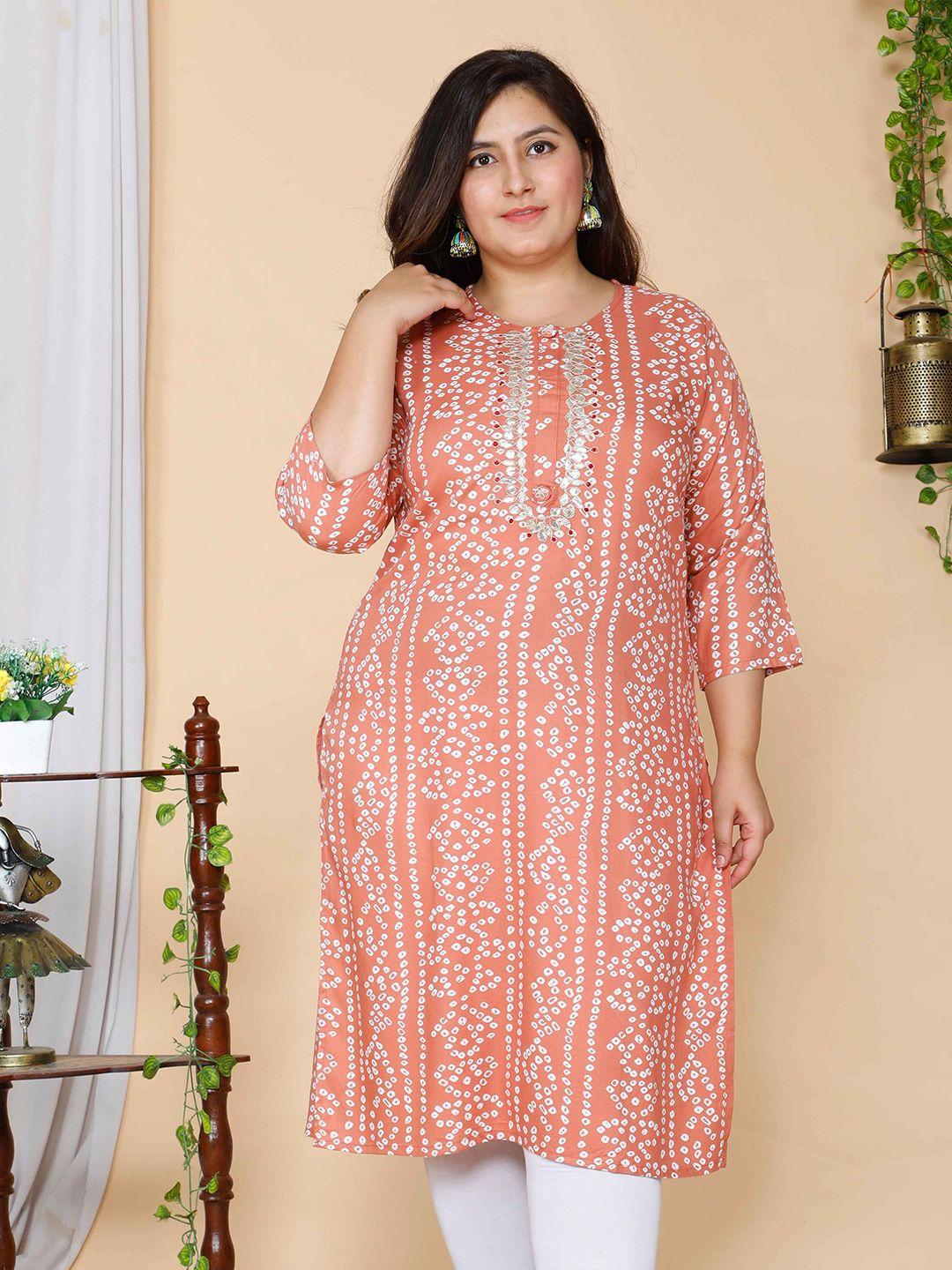 miravan women plus size peach-coloured bandhani printed kurta